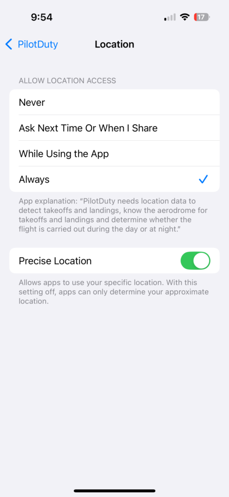 app Settings Location Auth