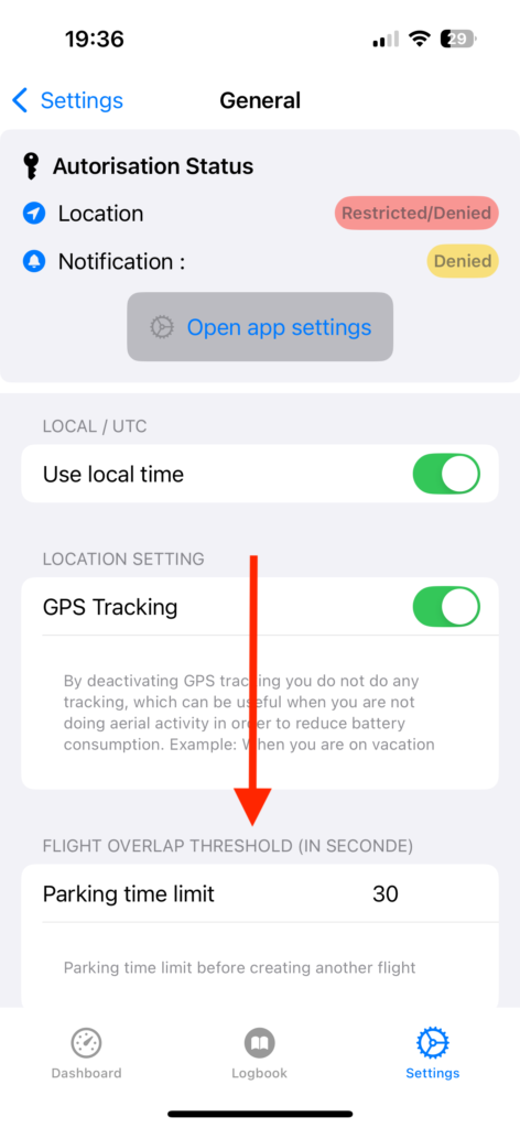 settings General Parking Time Limit