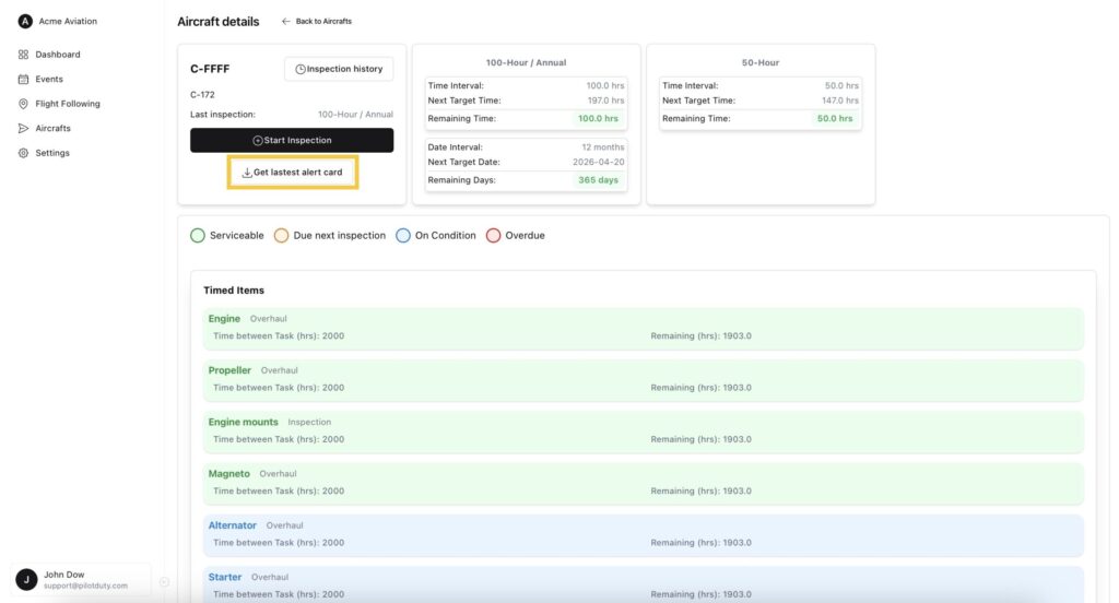 Aircraft Inspection With Alert Card