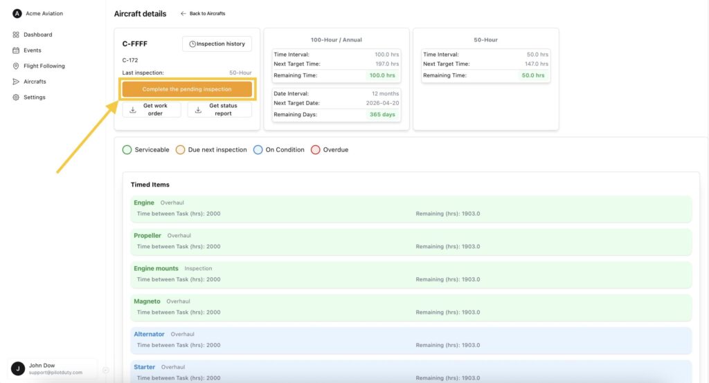 Aircraft Pending Inspection