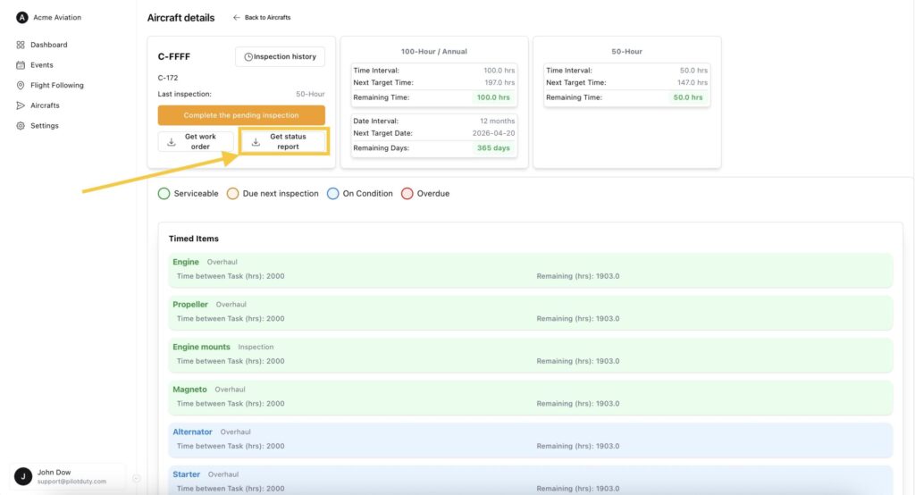 Aircraft Pending Inspection Status Report