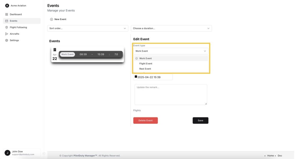 Event With Event Type Dropdown